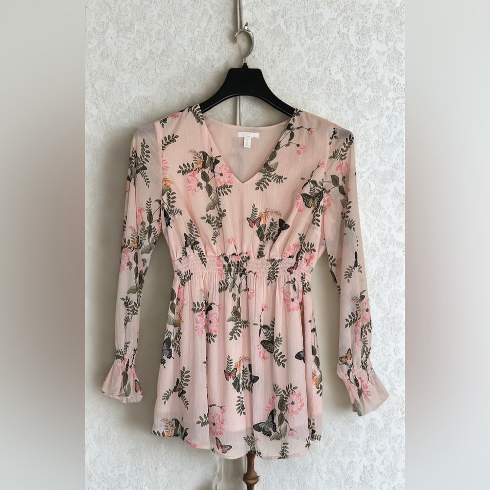 H&M Pink Floral Long Sleeve V-Neck Dress